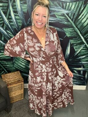 Brown Floral Wrap Maxi Dress